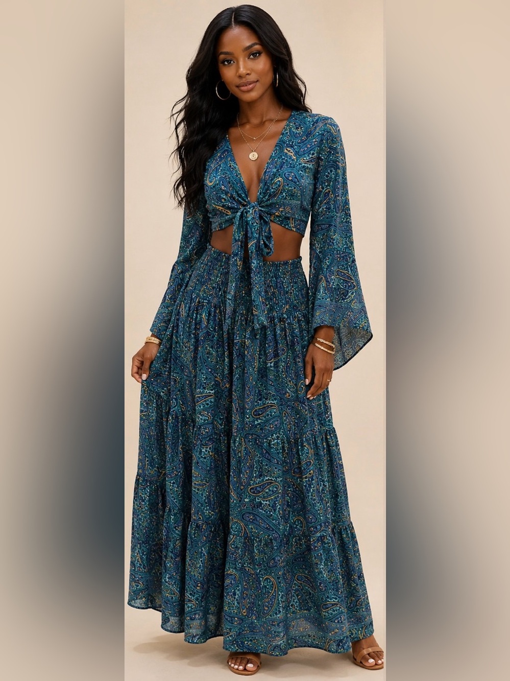 Made in India silk blend 2pcs Tie-Front Paisley Maxi Skirt Set